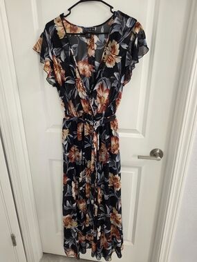 Alexa B Black Floral Wrap Midi Dress - Black with Rust Floral